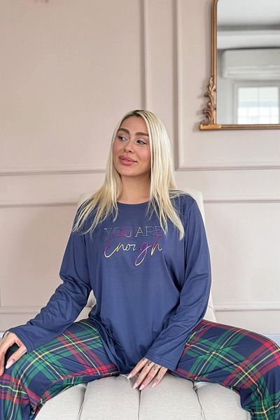 Pijamaevi Navy Blue Enough Patterned Bamboo Long Sleeve Women's Pajama Set