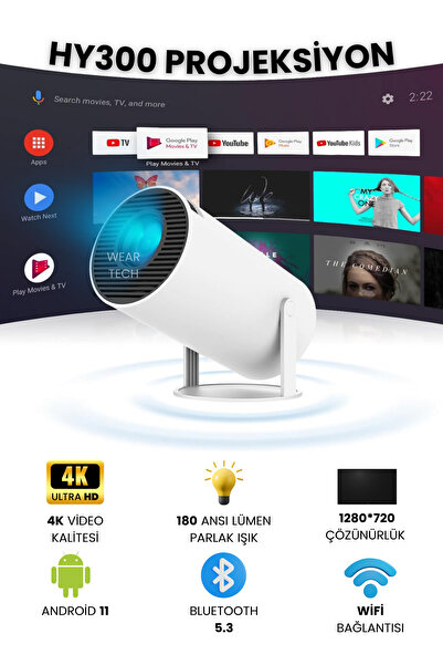 Kensa Hy300 Taşınabilir Projeksiyon Cihazı Ultra Hd Android Ev Projektörü Wif...
