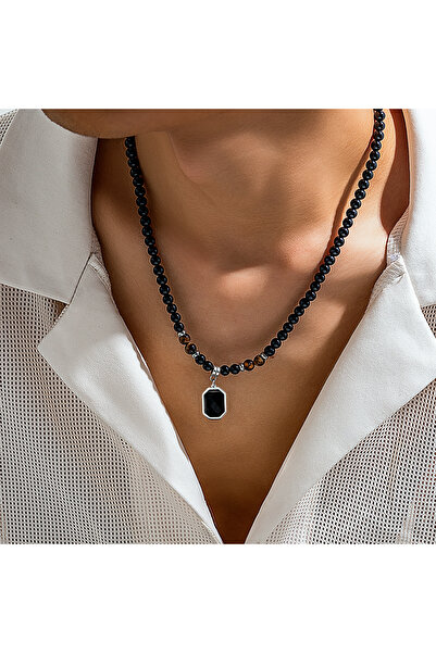 Choice عقد من الخرز الأسود مع قلادة مربعة للرجال إكسسوارات عصرية على طوق الرق...