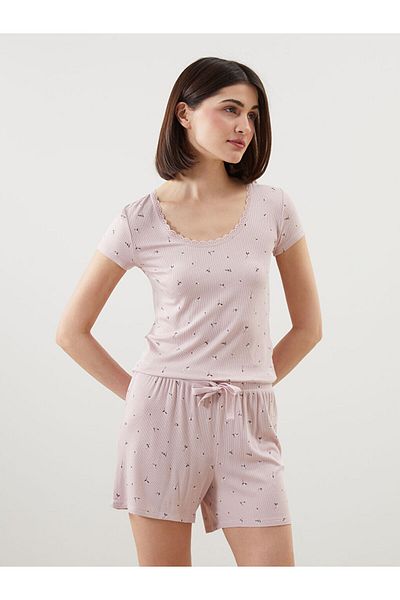 LC Waikiki Lcw Dream Pink U-Neck Floral Women's Shorts Pajama Suit
