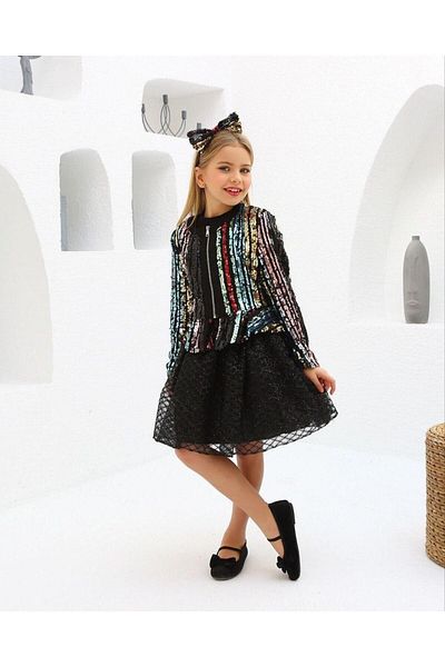 nisaykids Female Child Special Design Sequined Jacket Sim Dedayli Shiny Skirt Blouse and Crown Total 4 Pieces