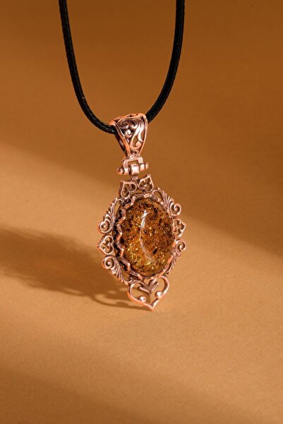 Takıdepo Orijinal Damla Kehribar El İşi Gümüş Kolye-Rose Rengi