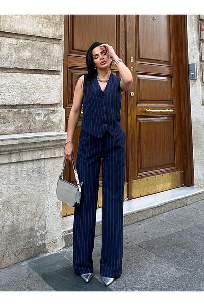 pembekurdelem Set de pantaloni cu vestă clasică cu dungi bleumarin pentru femei