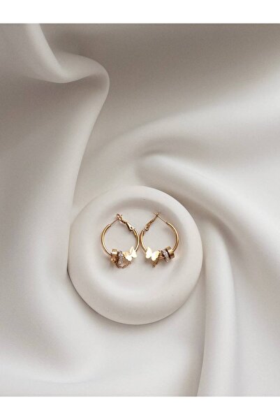 Minne Jewelry-Accessory Yuvarlak Çelik Küpe - Kelebekli Yuvarlak Küpe