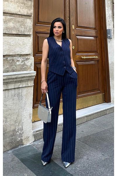pembekurdelem Set de pantaloni cu vestă clasică cu dungi bleumarin pentru femei