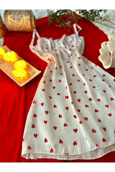KARAZ New Year's Special Satin Pinterest Model Red Heart White Nightgown,Satin,Baybdol,Hear,Nighty