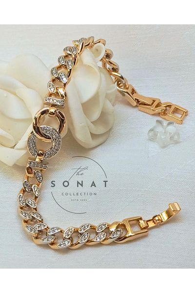 Sonat Collection سوار غورميت ذهبي وردي من الذهب الوردي من سلسلة فيب زوبنغ 19.5 سم مع حجر زركون غير باهت وغير مسبب للحساسية وغير مسبب للبهتان