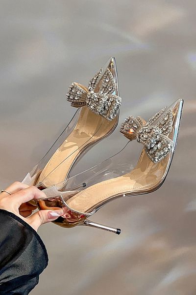 Lady Princess Argintiu Transparent Nud Cataramă Arcă Piatră 8 Cm Toc Subțire Nunta Logodna Pantofi Rochie De Seară
