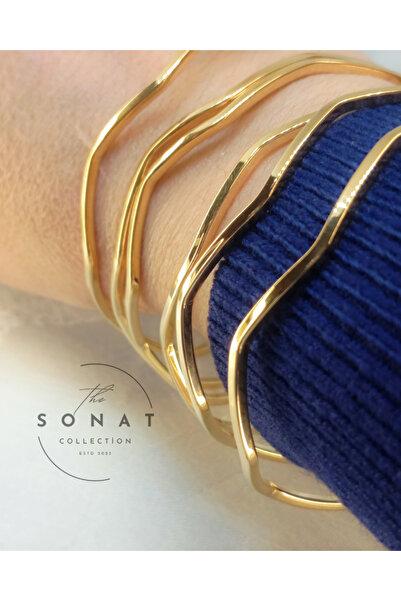Sonat Collection Stainless Çelik Solmaz Kararmaz Gold Renk Zigzag Detaylı 3'lü Ajda Bilezik