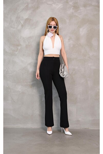 Moda Banuş Pantaloni Palazzo negri cu nasturi și dungi, croială slim