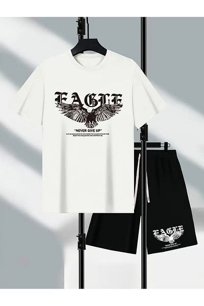 FULL TOLERANCE Yd Desi̇ng Never Give up Eagle Printed Oversize Sort T-Shirt Set