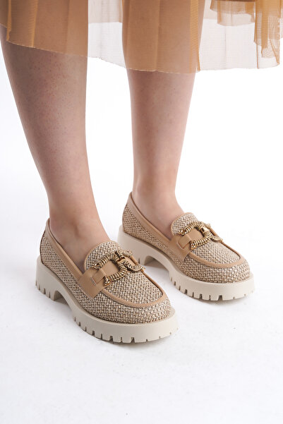 MARSEDO Kadın Loafer Kalın Taban Tokalı Makosen Günlük Ayakkabı Meeru Bej