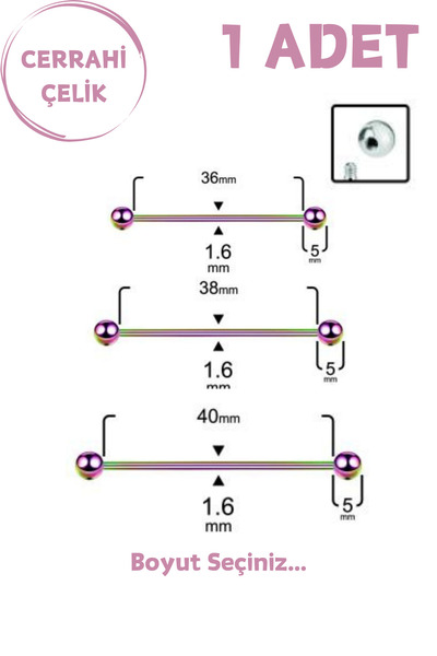 Blisse Piercing Unisex Cerrahi Çelik 5mm Toplu İndustrial Köprü Piercing