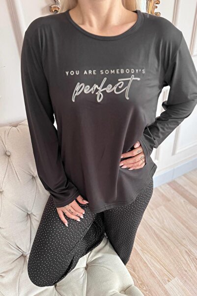 Pijamaevi Siyah Perfect Desenli Bambu Uzun Kol Kadın Pijama Takımı