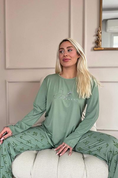 Pijamaevi Green Breathe Patterned Bamboo Long Sleeve Women's Pajama Set