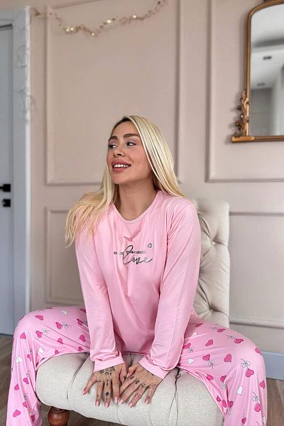Pijamaevi Pink Love Patterned Bamboo Long Sleeve Women's Pajamas Set