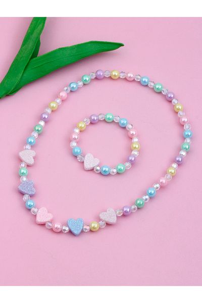 Choice MULTI 40cm 2pcs Girls' heart-shaped decorated beaded necklaces and bracelets are worn daily througho