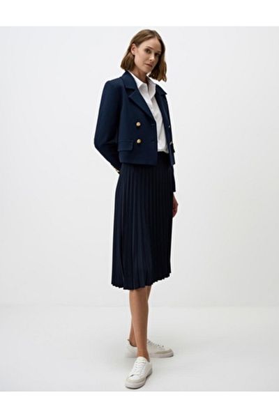 Jimmy Key Navy Blue Relaxed Cut High Waist Pleated Midi Skirt Size: S
