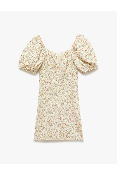 Koton Viscose Sweetheart Neckline Balloon Sleeves Drawstring Floral Mini Dress