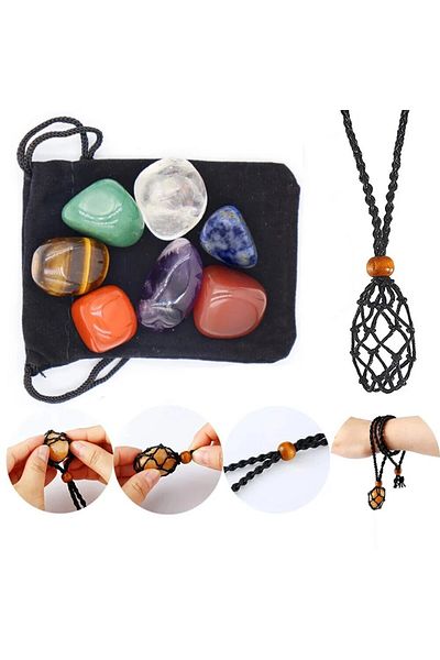 Choice B- black 7pcs/Set 20-30mm Irregular Natural Stone Yoga Stone Bracelet Mesh Pocket Weaving DIY Jewelr