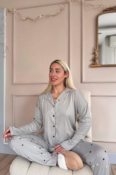 Pijamaevi Gray Stars Patterned Bamboo Front Buttoned Long Sleeve Women's Pajama Set