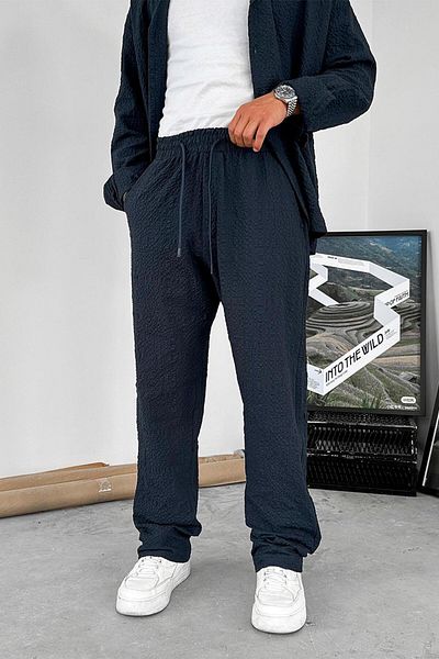 HAFKAGİYİM Navy Blue Waffle Textured Premium Baggy Pants