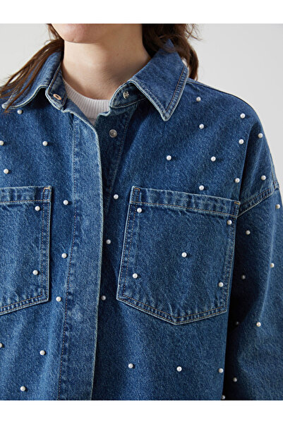 LC Waikiki LCW Comfort İndigo Gömlek Yaka Boncuklu Oversize Kadın Jean Tunik
