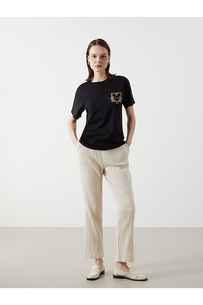 LC Waikiki Lcw Comfort Beige Women's Elastic Waist Textured Trousers