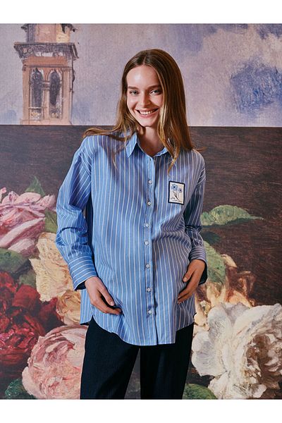 LC Waikiki Lcw Comfort Blue Floral Oversize Poplin Women's Shirt