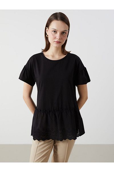 LC Waikiki Lcw Comfort Black Crew Neck Embroidered Women's T-Shirt