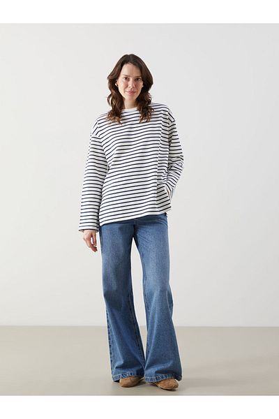 LC Waikiki Lcw Comfort Navy Blue Crew Neck Striped Women's Sweatshirt