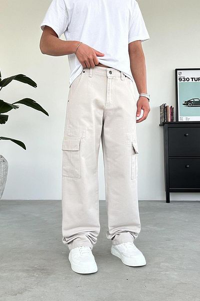 HAFKAGİYİM Κρεμ Λευκή Ραφή Cargo Baggy Παντελόνι