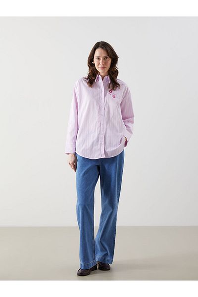 LC Waikiki Lcw Comfort Pink Floral Oversize Poplin Women's Shirt