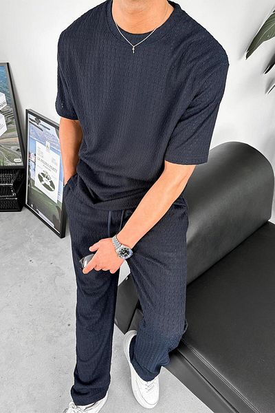 HAFKAGİYİM Navy Blue Knitted Patterned Relaxed T-Shirt