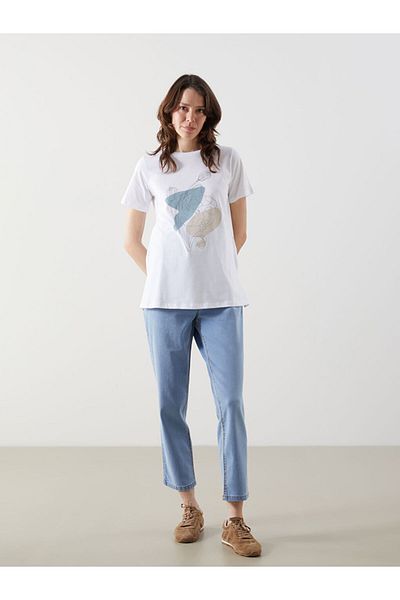 LC Waikiki Lcw Comfort Ecru Crew Neck Printed Women's T-Shirt