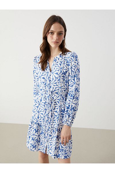 LC Waikiki Lcw Comfort Blue Runaway Collar Print Women's Shirt Dress