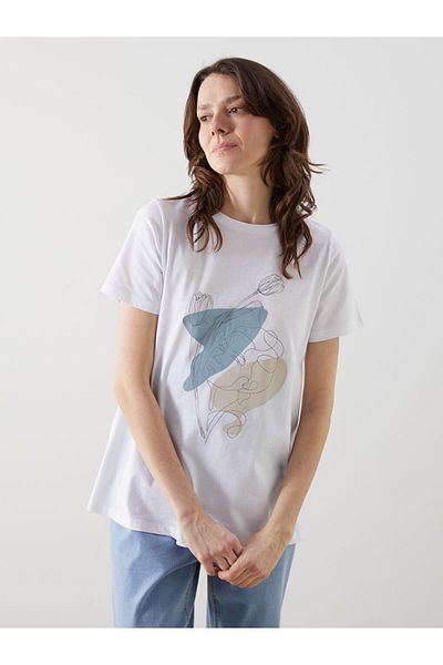 LC Waikiki Lcw Comfort Ecru Crew Neck Printed Women's T-Shirt
