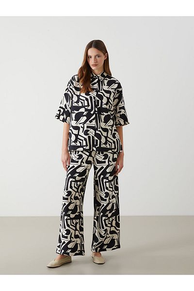LC Waikiki Lcw Comfort Black Elastic Waist Pattern Wide Leg Women's Trousers