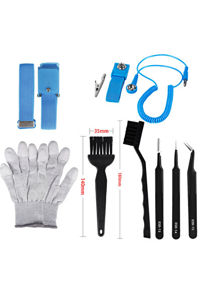 Choice 8 قطع 8 قطع مجموعة أدوات مضادة للكهرباء الساكنة ملقط قفازات سوار معصم سوار مضاد للكهرباء الساكنة متين