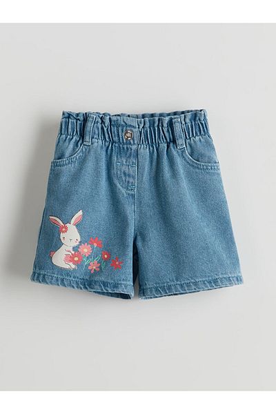 LC Waikiki Blue Printed Girl's Jean Shorts with Elastic Waist