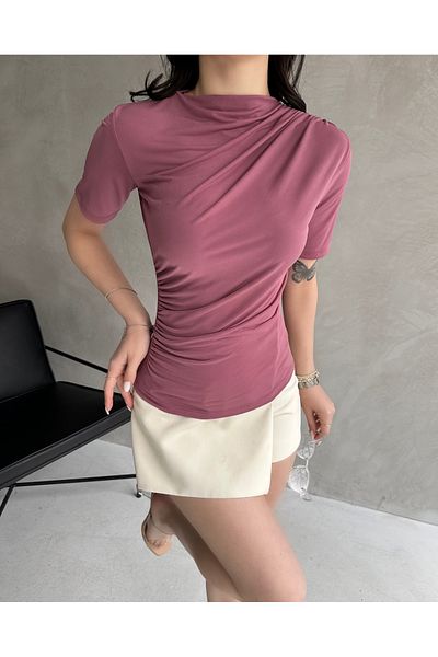 Fav Style Γυναικεία μπλούζα Dusty Rose - Μηδενική λαιμόκοψη, κοντό μανίκι, κορδόνι στον ώμο και στη μέση