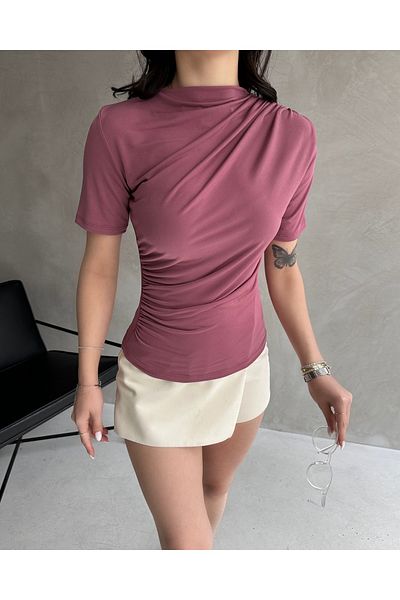 Fav Style Γυναικεία μπλούζα Dusty Rose - Μηδενική λαιμόκοψη, κοντό μανίκι, κορδόνι στον ώμο και στη μέση