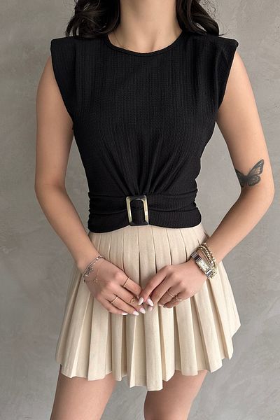 Fav Style Women's Crew Neck Padded Waist Belt Detail Sleeveless Crop Blouse Black