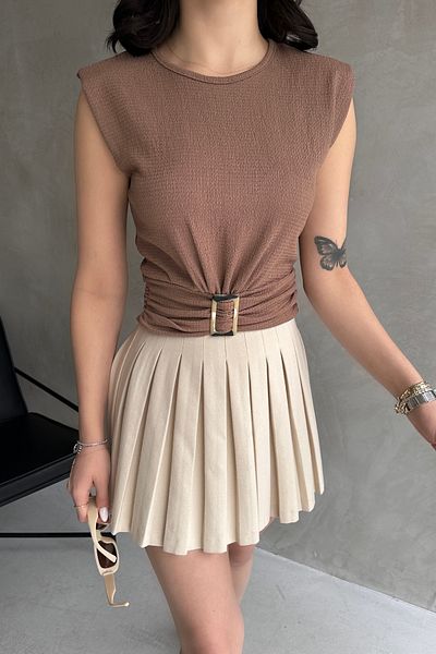 Fav Style Γυναικεία Crop Μπλούζα Mink - Πλήρης λαιμόκοψη, Λεπτομέρεια ζώνης και αμάνικο