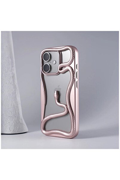 Zebana Apple iPhone 16 Uyumlu Kılıf 3D Snake Silikon Kılıf Rose Gold