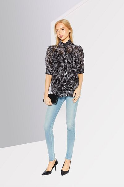 Michael Kors Women Ruffle Neck Long Sleeves Allover Printed Blouse, Black