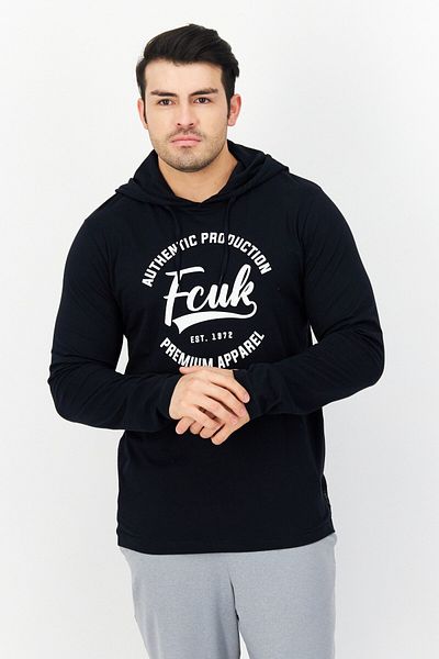 French Connection Men Hooded Long Sleeve Graphic T-shirt, Navy Blue/white