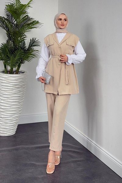 MERVEN AKYÜZ Nicolette Stone Colored Triple Pants Set