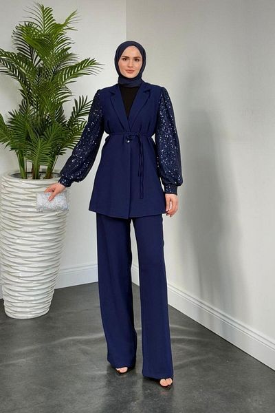 MERVEN AKYÜZ Marbella Sleeves Sequin Blazer Jacket Pants Suit Navy Blue