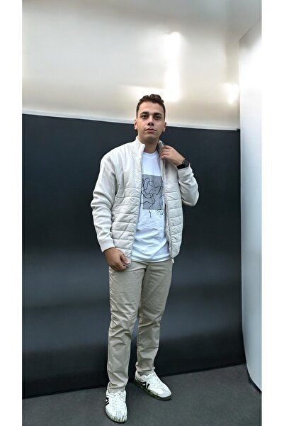 imoop design Erkek  Triko Kombinli Süet Garni Kapitoneli Bomber Yaka Mont